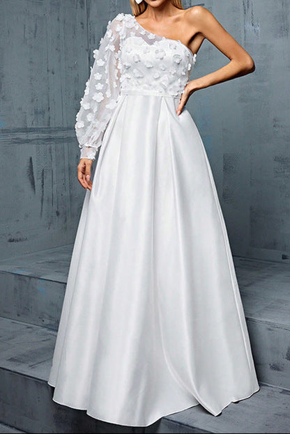 one shoulder flower applique maxi dress in white