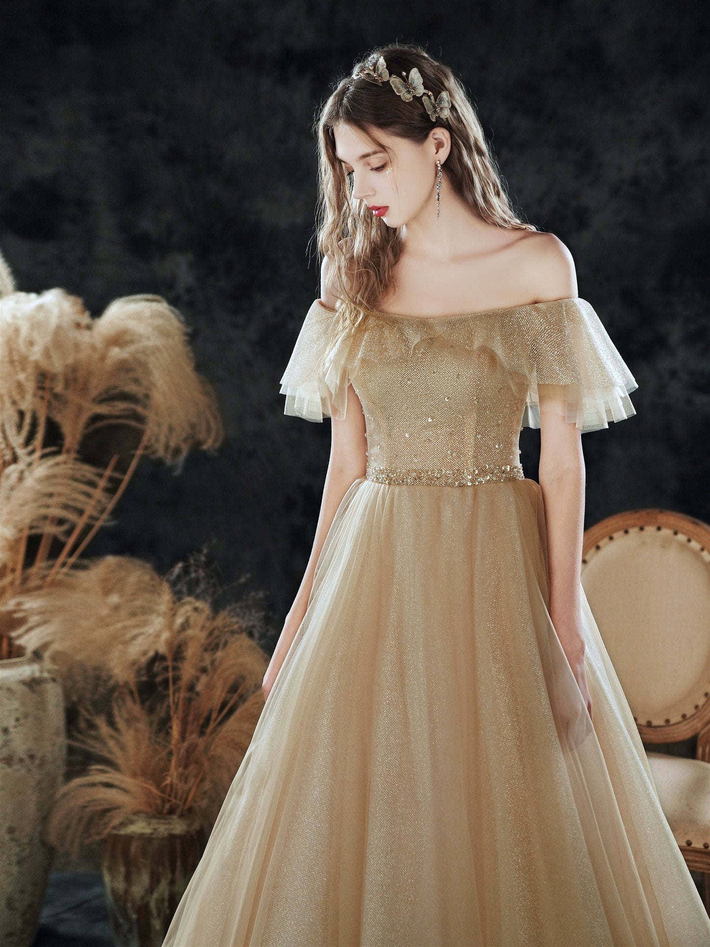 champagne ruffle detail sequin maxi dress