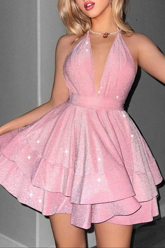 mini abito a balze con scollo a V e scollo all'americana Virginia in rosa