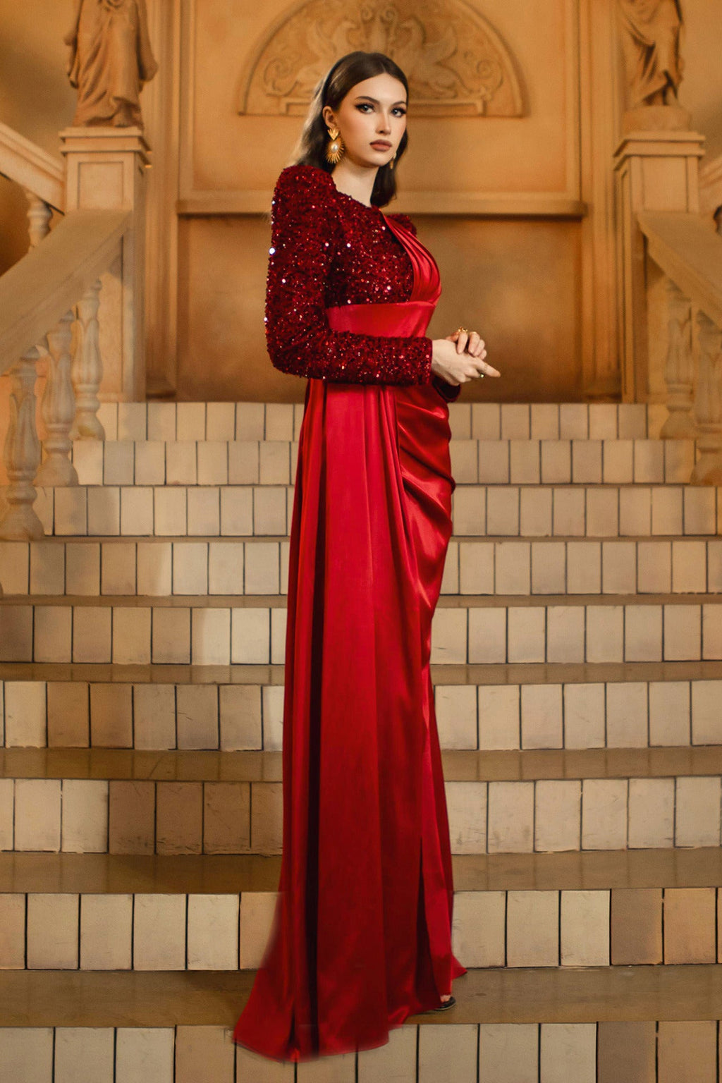 calista sequin stain maxi dress in burgundy