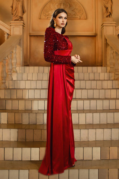 calista sequin stain maxi dress in burgundy
