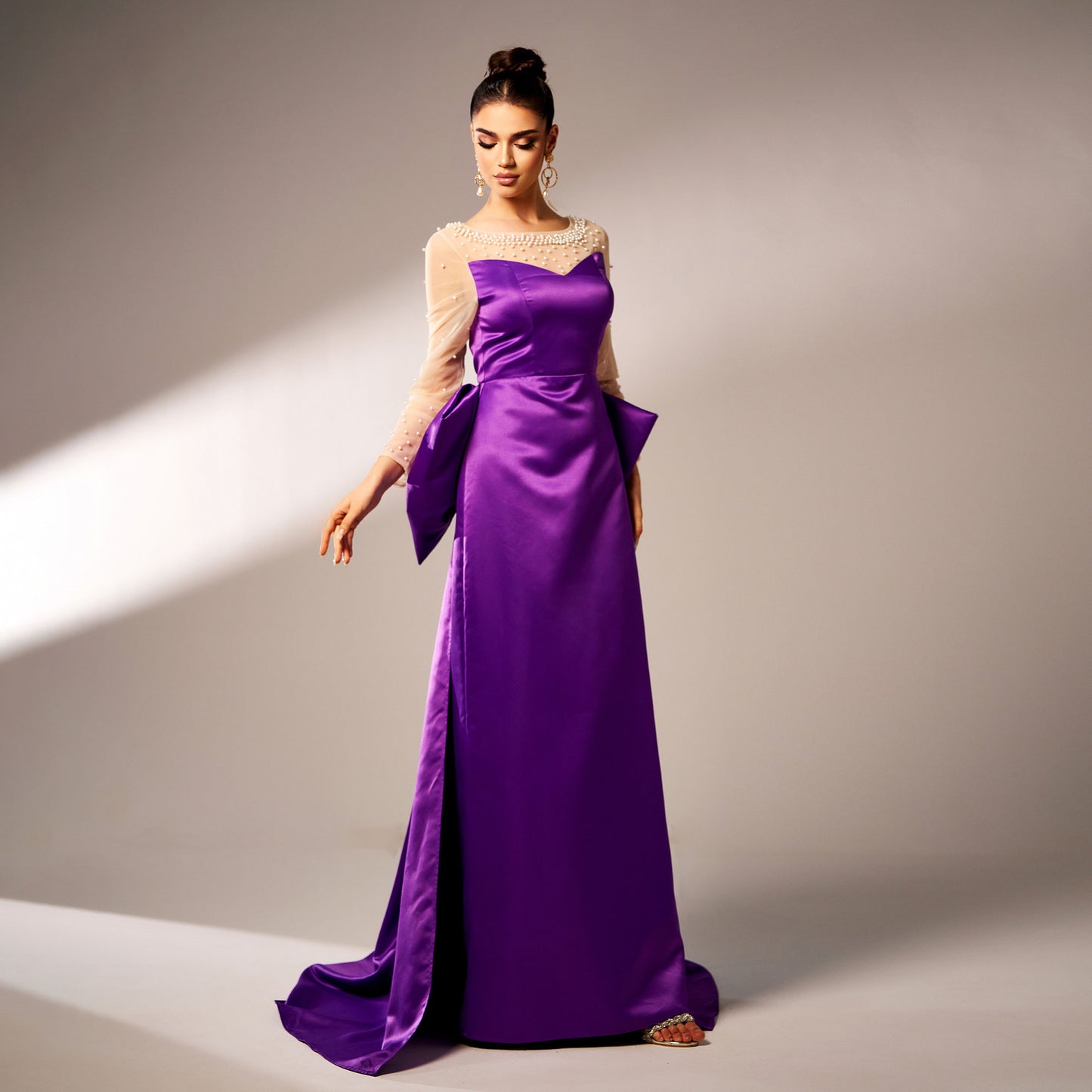 pearl embellished satin back bow detail maxi dress in purple