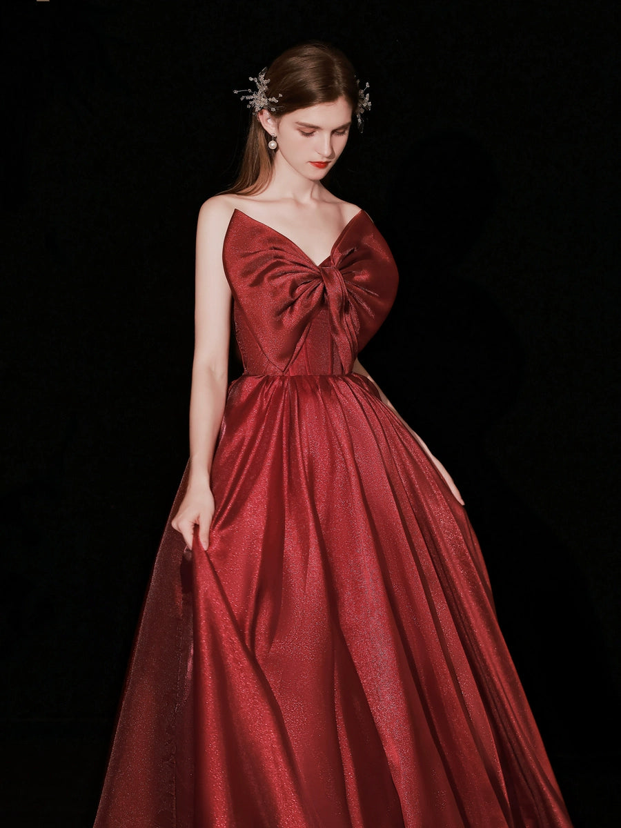 burgundy bow embellished strapless maxi dress