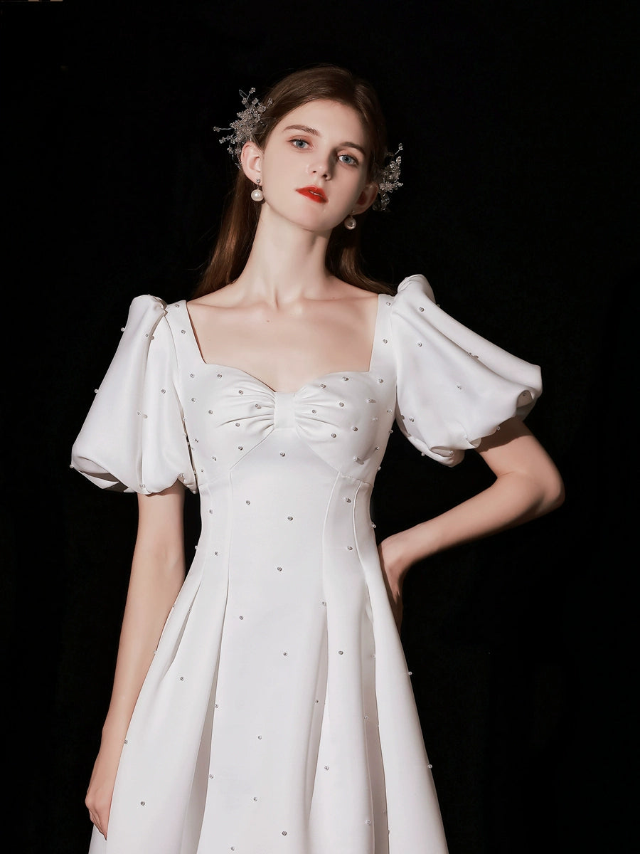 pearl embellished puff short sleeve maxi dress in white