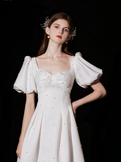 pearl embellished puff short sleeve maxi dress in white