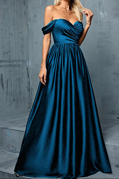 molly off shoulder ruched satin maxi dress in navy blue