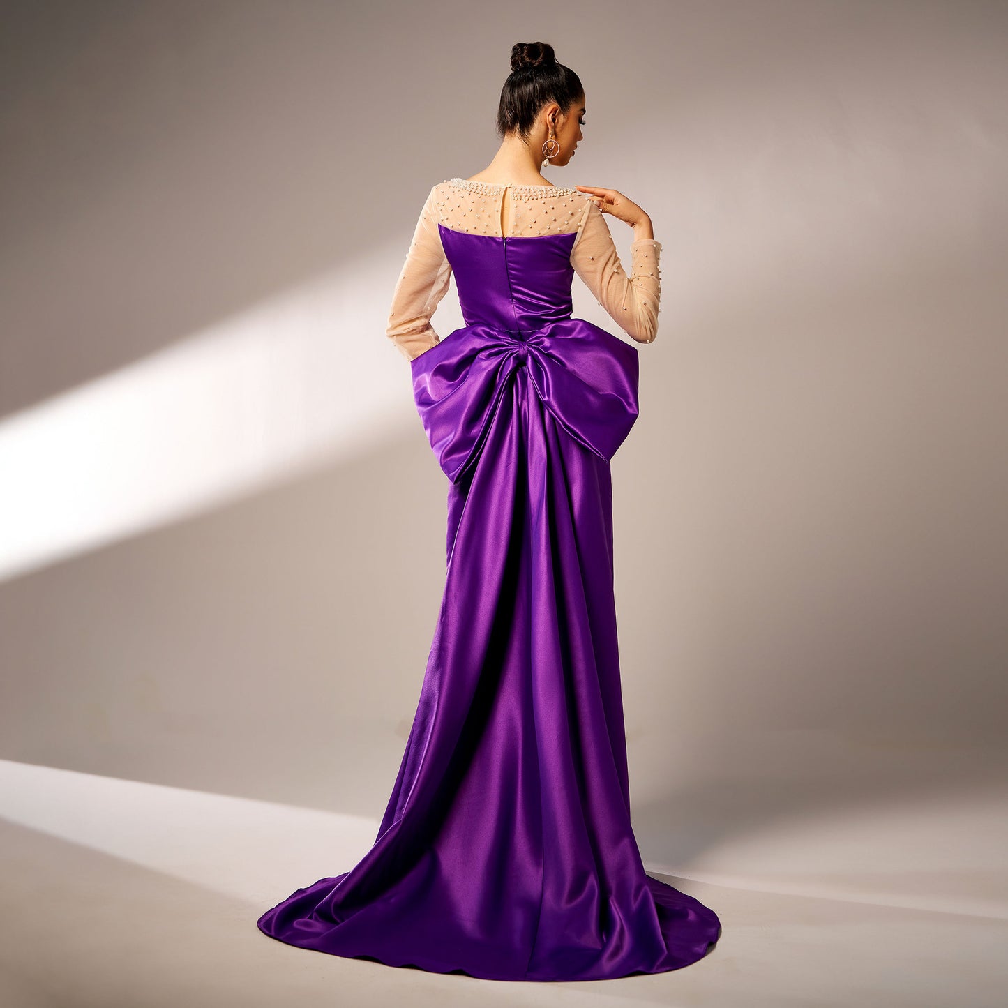 pearl embellished satin back bow detail maxi dress in purple