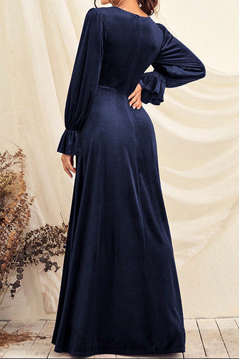 v-neck lantern sleeve satin maxi dress in dark blue