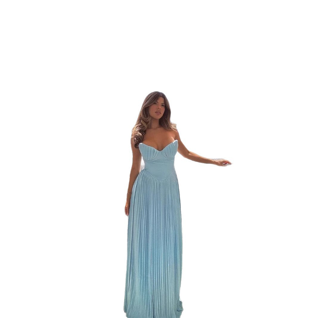 V-neck pleated bandeau long skirt slim back open dress