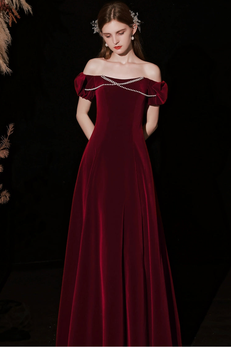 Red pearl embellished velvet maxi dress