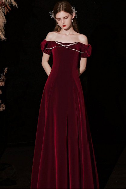 Red pearl embellished velvet maxi dress