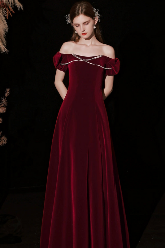 Red pearl embellished velvet maxi dress