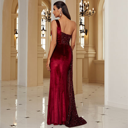jenny one shoulder sequin patchwork velvet high slit maxi dress