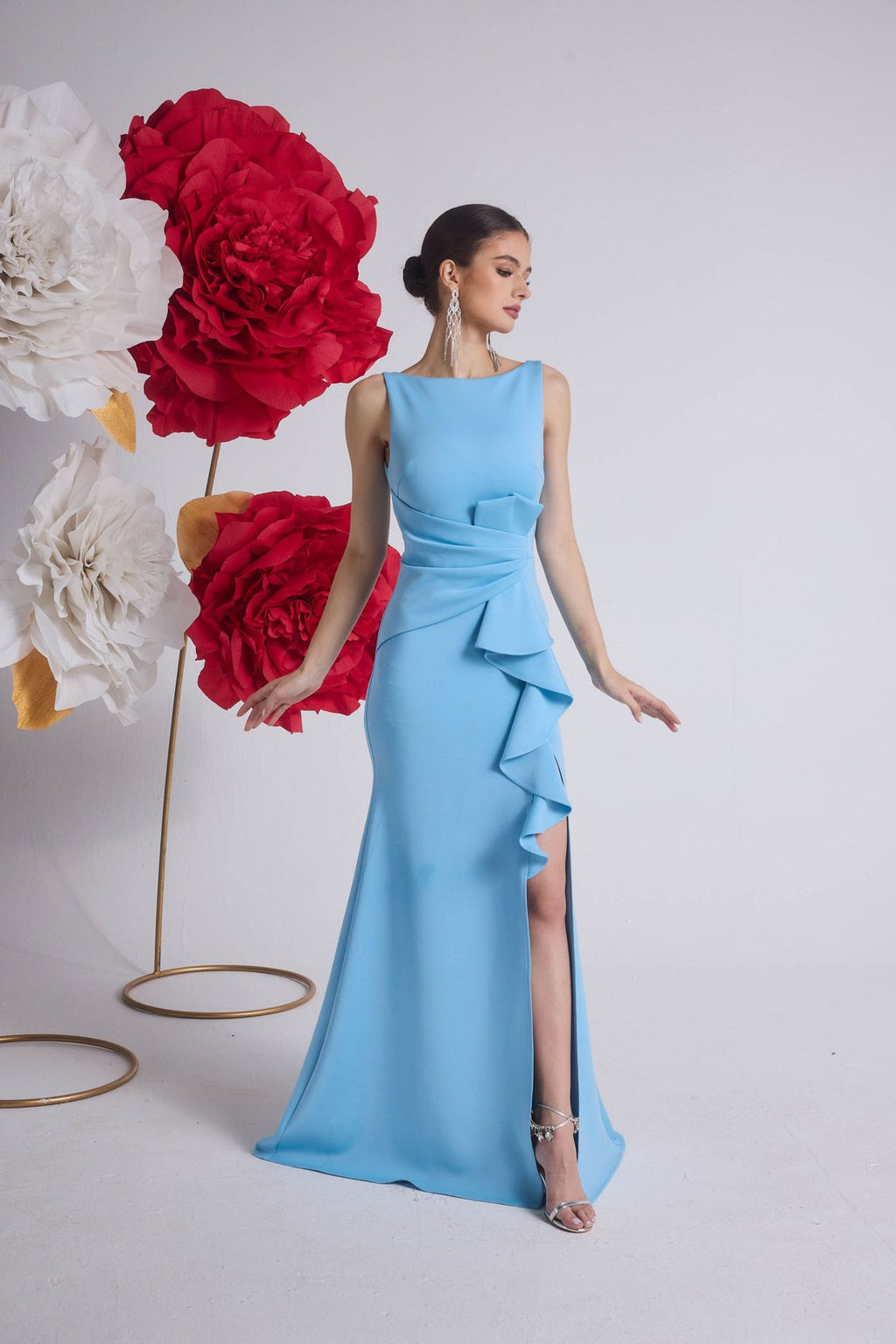 high slit Pleated evening maxi dress