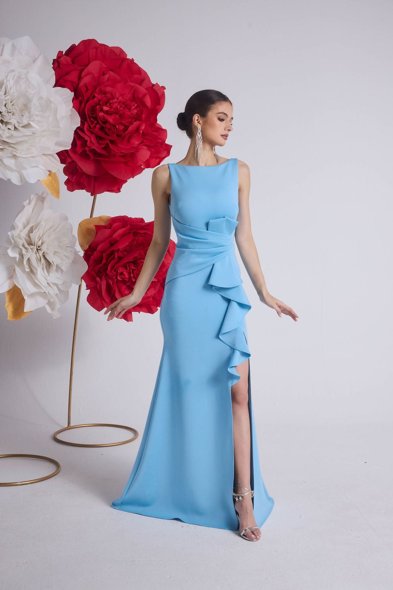 high slit Pleated evening maxi dress