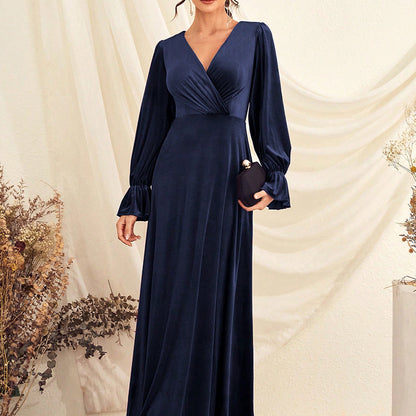 v-neck lantern sleeve satin maxi dress in dark blue
