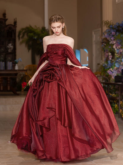off-shoulder flower shape maxi dress in burgundy