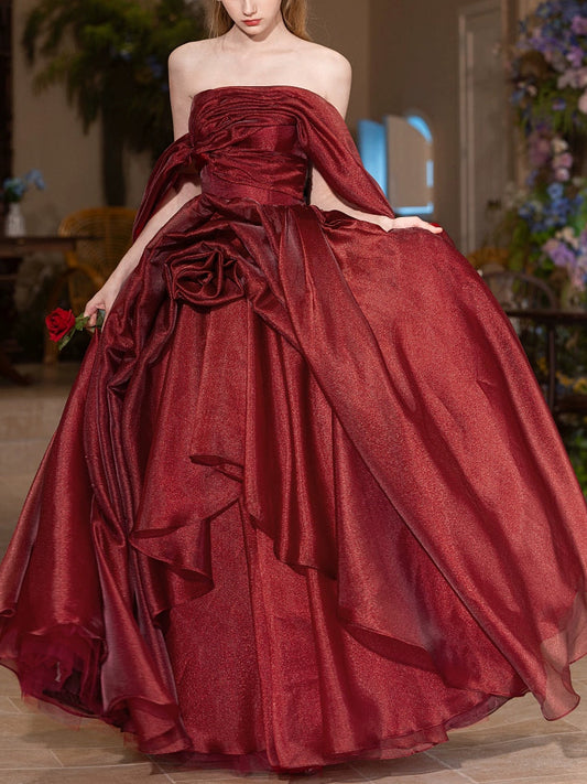 off-shoulder flower shape maxi dress in burgundy