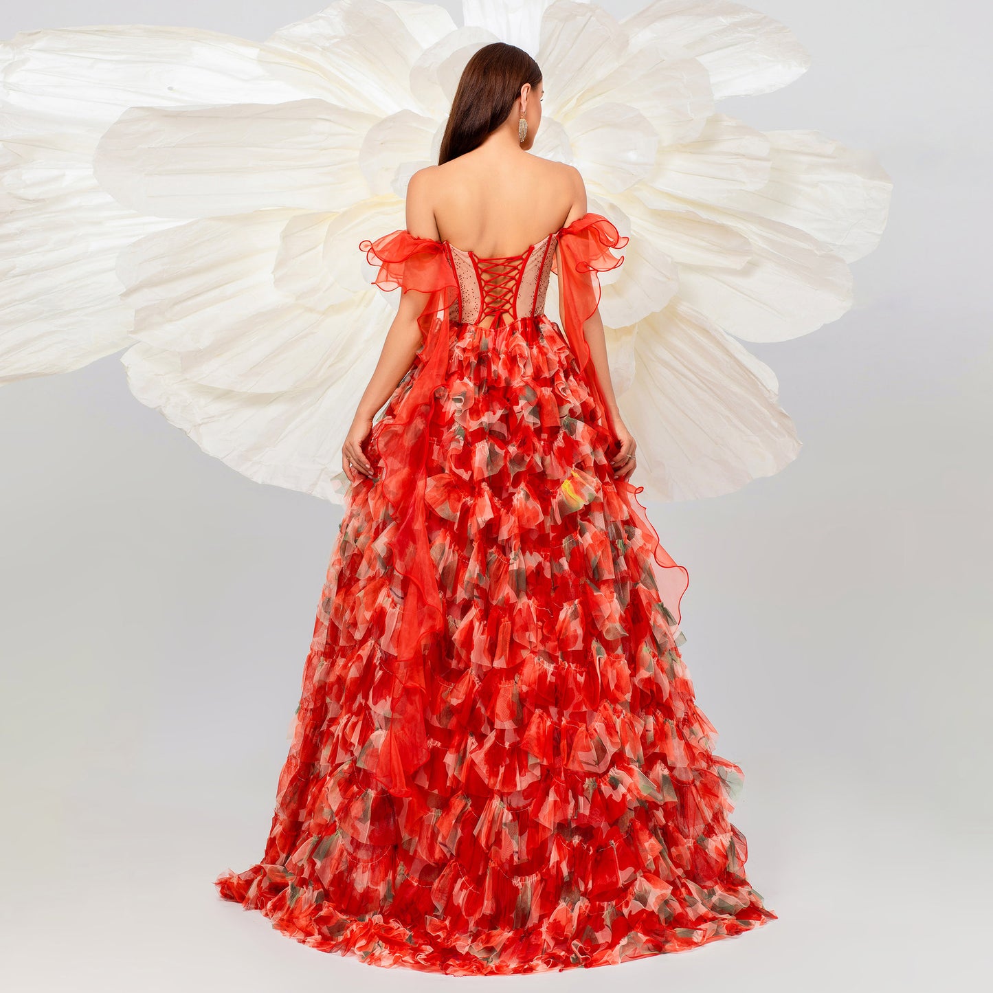 off shoulder flower tulle layer trim maxi dress in red