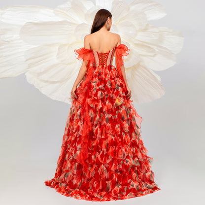 off shoulder flower tulle layer trim maxi dress in red