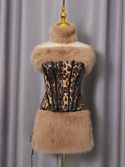 suzanne Leopard Fur Sequin Skirt Set