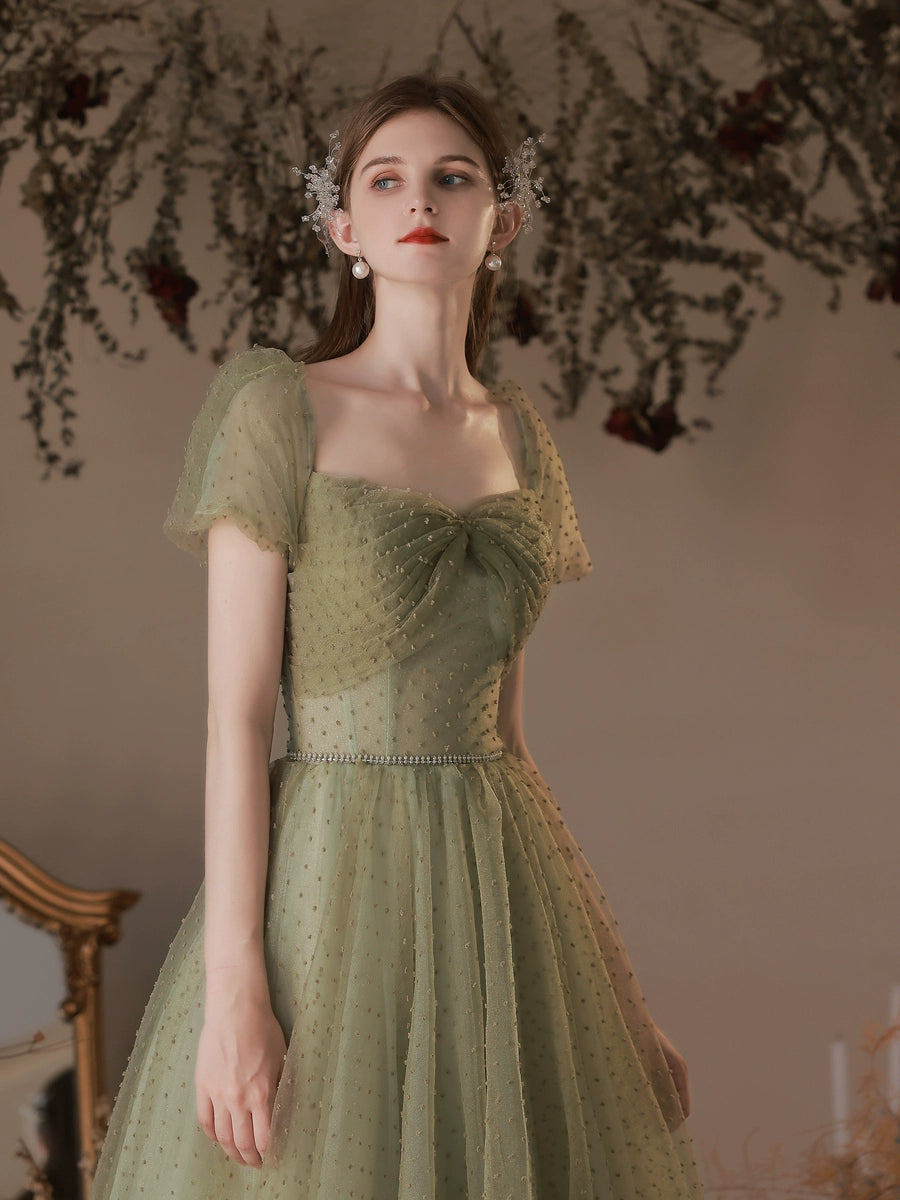 off-shoulder pearl detail puff sleeve maxi dress in green