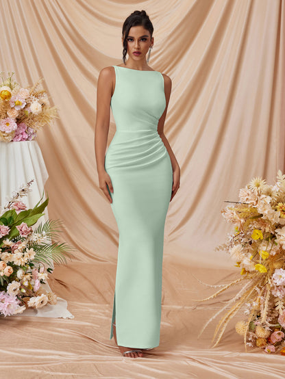 pleated Sleeveless solid color slit slim maxi dress