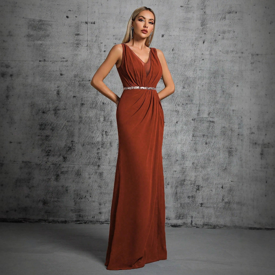 v neck ruched sleeveless maxi dress in brown
