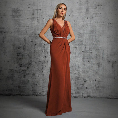 v neck ruched sleeveless maxi dress in brown