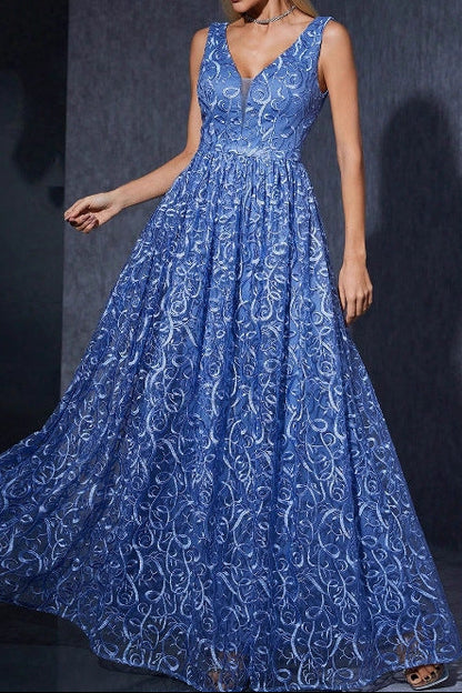 v-neck floral print sleeveless maxi dress in blue