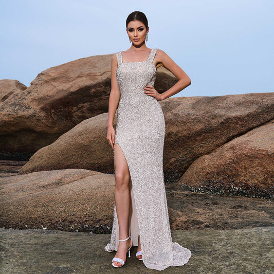 apricot square neck sequin high slit maxi dress