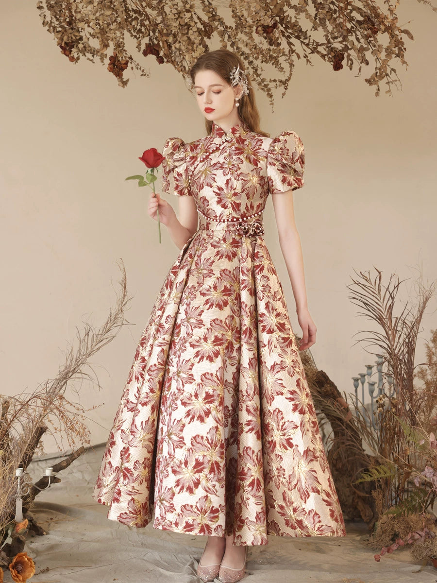 red floral print satin maxi dress