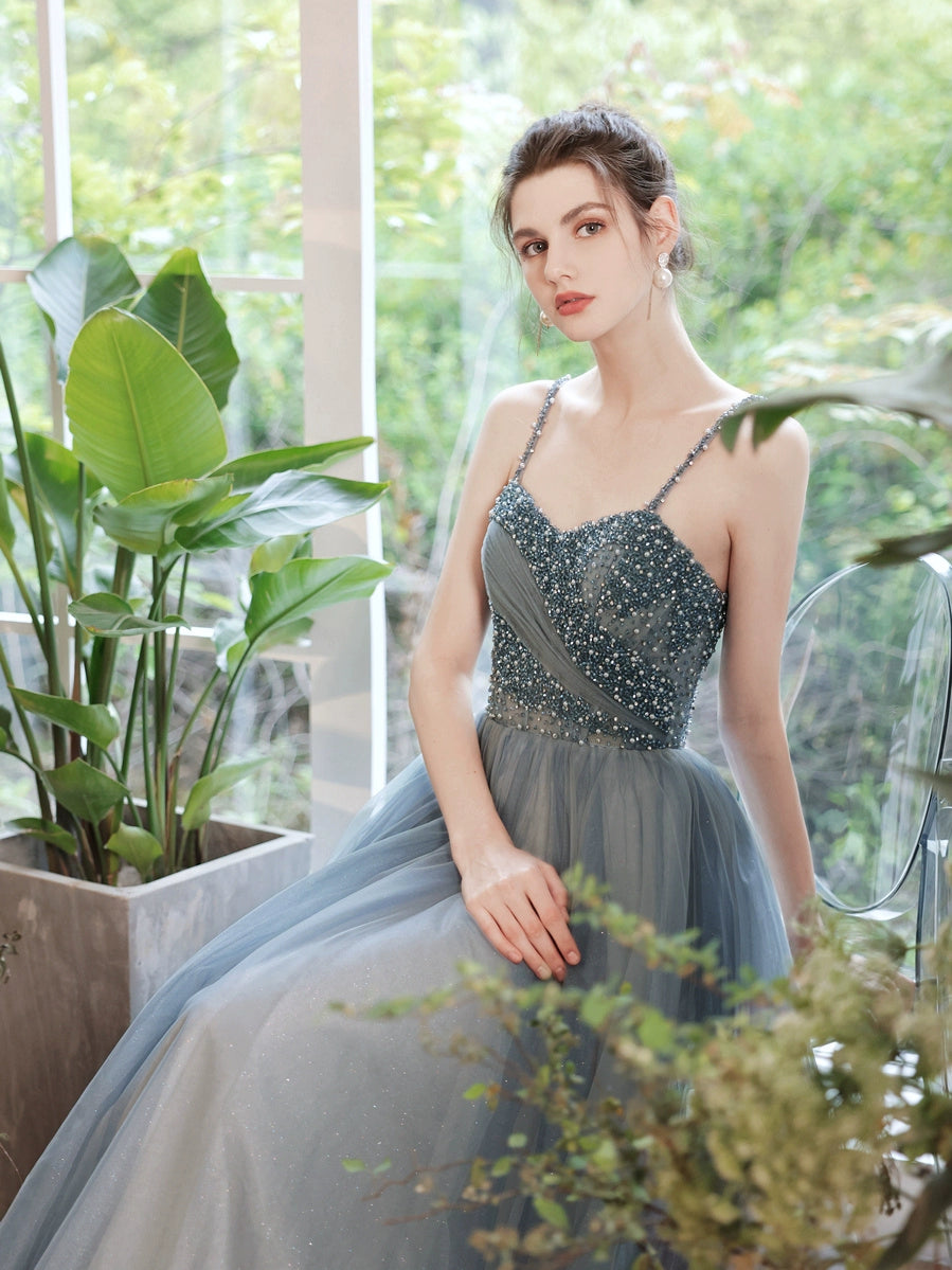 viven pearl embellished tulle maxi dress in blue