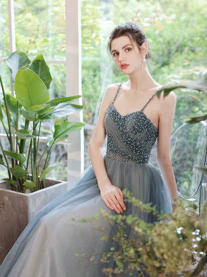 viven pearl embellished tulle maxi dress in blue