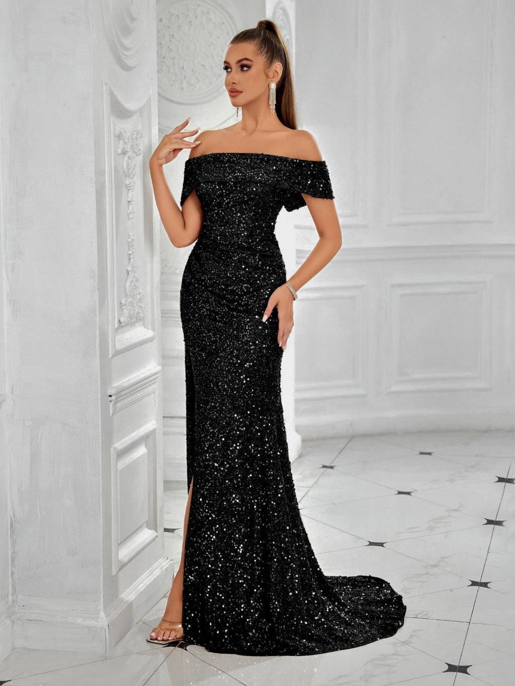banquet one-line neck slim slimming sequin dress long skirt