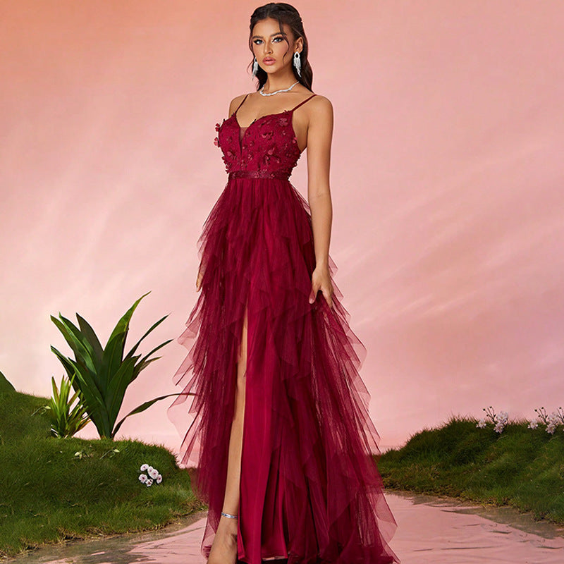 floral emdroidery tulle high slit maxi dress in red