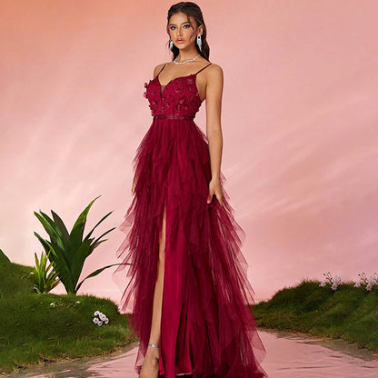floral emdroidery tulle high slit maxi dress in red