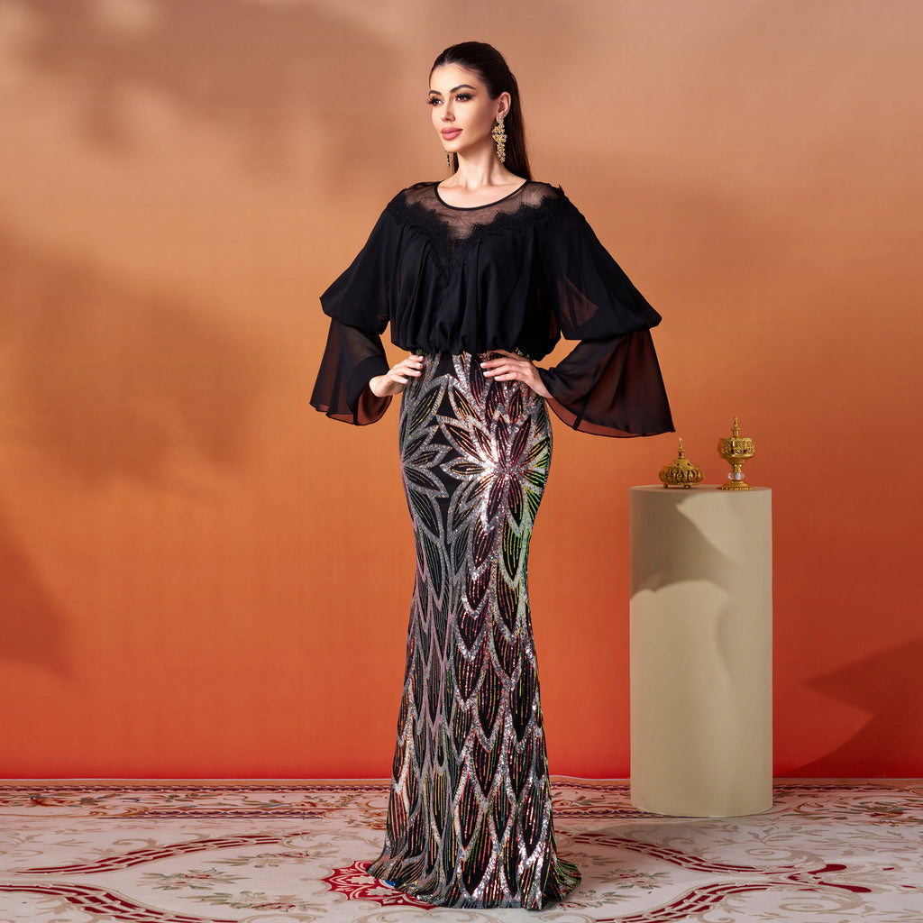 black Round neck hip-hugging sequined fishtail maxi dress