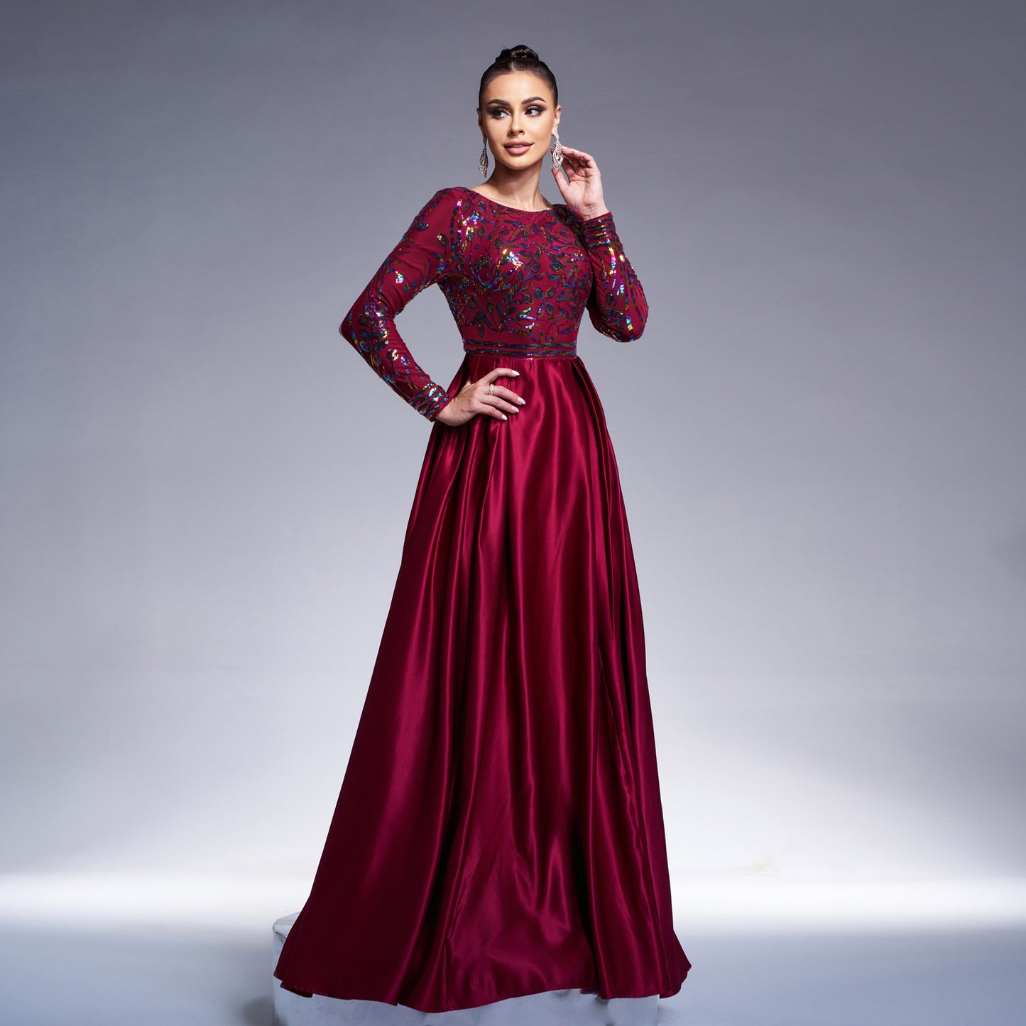 sequin print long sleeve satin maxi dress