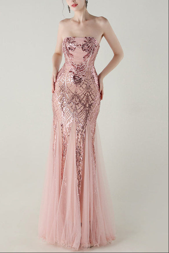 sequin strapless tulle maxi dress