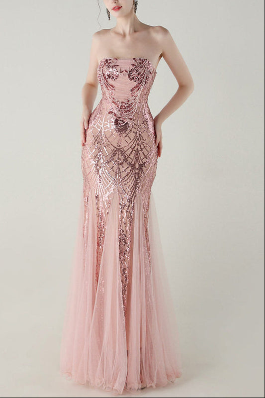 sequin strapless tulle maxi dress