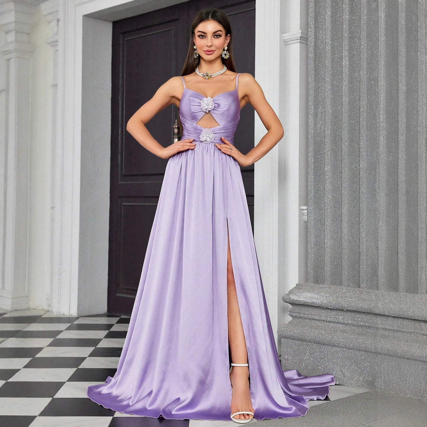 flower embellished cutout chiffon maxi dress in purple