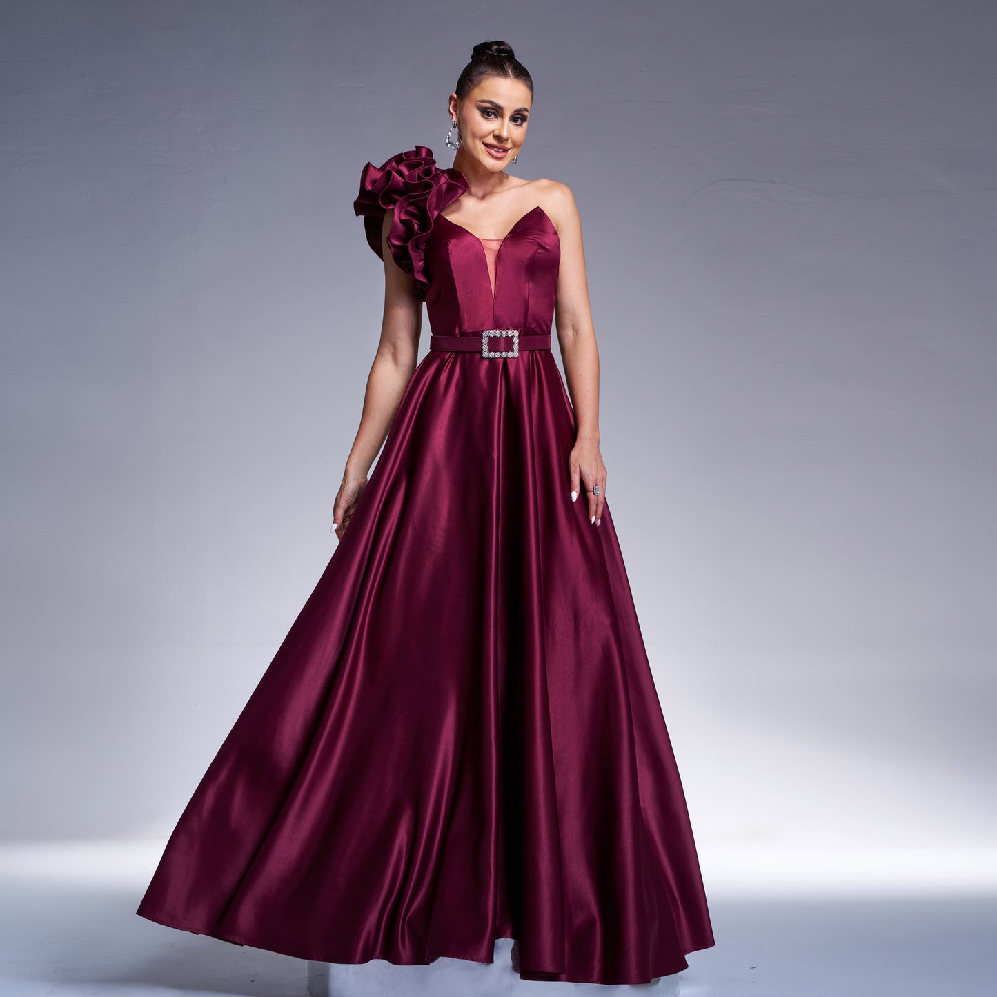 dark purple 3d flower one shoulder satin maxi dress