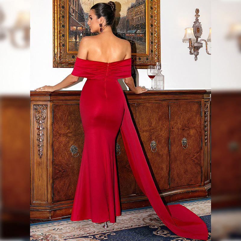 jacqueline off-shoulder pleated ribbon satin maxi dress