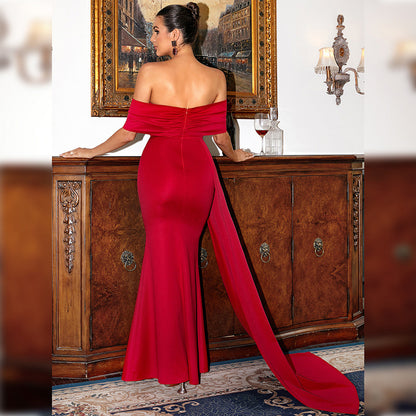 jacqueline off-shoulder pleated ribbon satin maxi dress