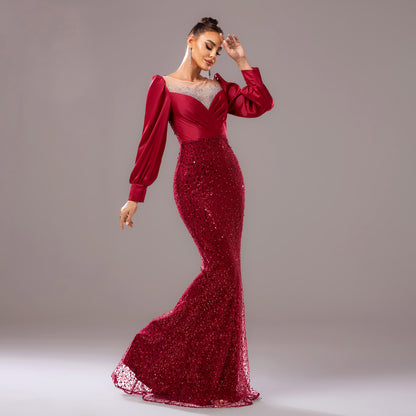 winifred sequin embellished lantern sleeve maxi dress  in burgundy