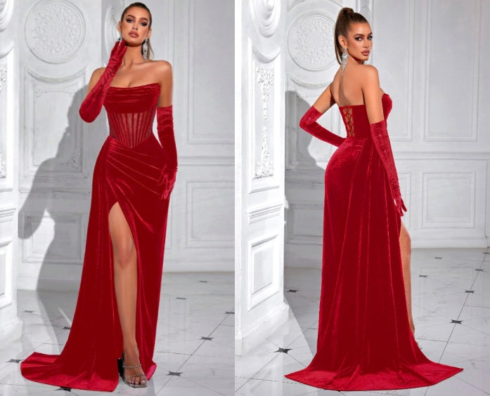Velvet herringbone strapless evening maxi dress