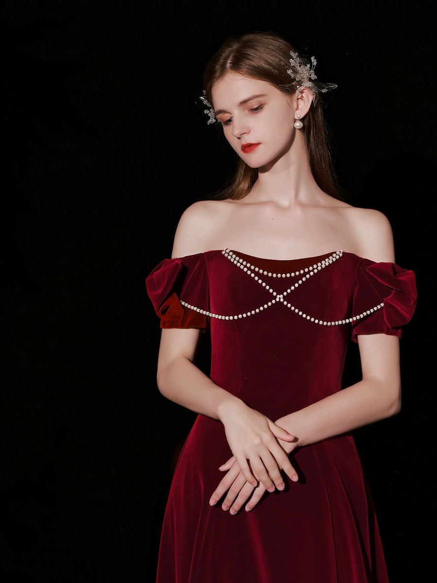 Red pearl embellished velvet maxi dress