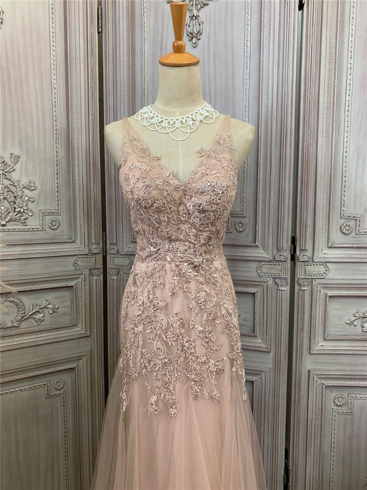 Apricot-colored organza embroidered double-shoulder long evening dress