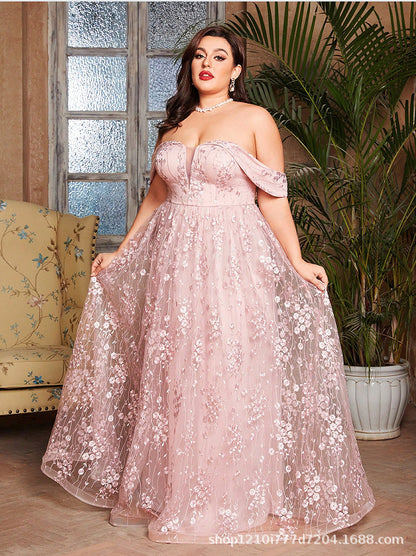 sequin floral print applique strapless maxi dress in pink